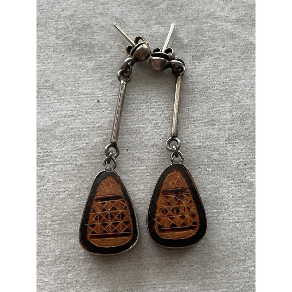 Vintage 925 Sterling Silver Dangle Drop Earrings Etched Design Teardrop Shape